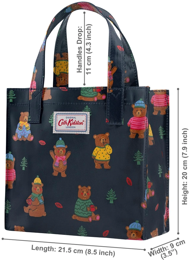 Alt view image 2 of 5 - Cath Kidston S Bookbag Small Size Open Top Handled Handbag Lunch Bag Water Resistant Oilcloth Tote Woodland Bear Pattern Navy Color