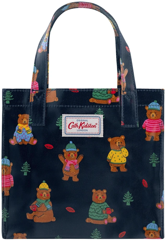 Main image of Cath Kidston S Bookbag Small Size Open Top Handled Handbag Lunch Bag Water Resistant Oilcloth Tote Woodland Bear Pattern Navy Color