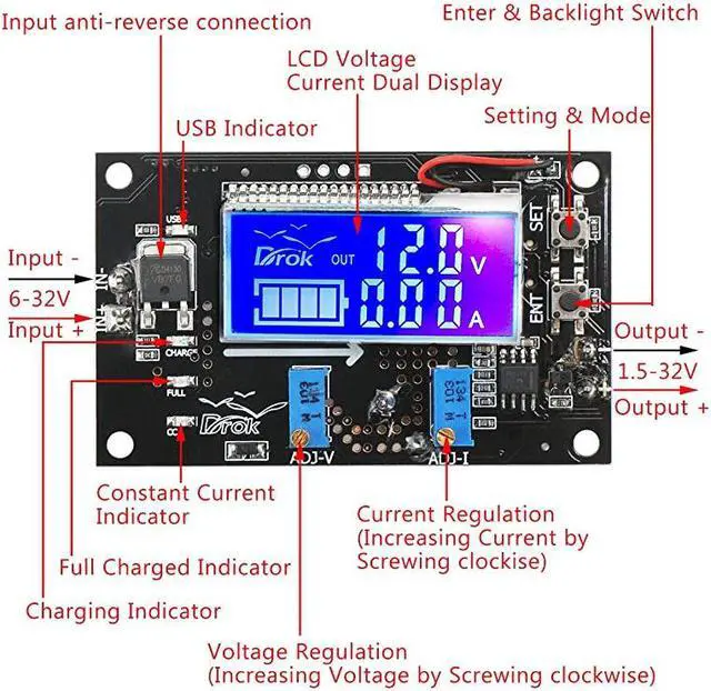Alt view image 2 of 7 - Buck Module DROK Adjustable Buck Converter Step Down Voltage Regulator 6V32V 30V 24V 12V to 1532V 5V 5A LCD Power Supply Volt Reducer Transformer Module Board with USB Port Protective Case