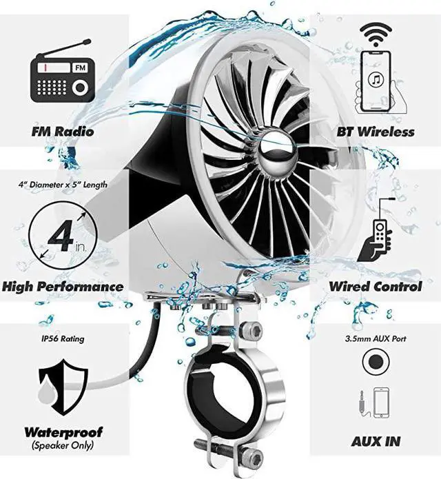 Alt view image 2 of 7 - TN4R Amplifier 4 Full Range Waterproof Bluetooth Motorcycle Stereo Speakers 1 to 15 in Handlebar Mount Audio Amp System Harley Touring Cruiser ATV UTV RZR AUX FM Radio TN4R Chrome