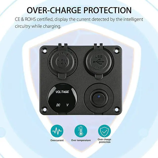 Alt view image 4 of 7 - 4 in 1 Charger Socket Panel 12V 42A Dual USB Charger Socket Power Outlet LED Voltmeter Cigarette Lighter Socket LED Lighted ON Off Rocker Toggle Switch for Car Marine Boat RV Truck