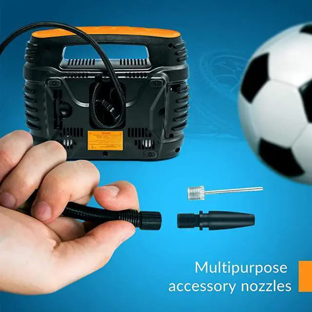 Alt view image 5 of 7 - ACDC Power Supply Portable Air Compressor Pump with Analog Display to 100 PSI for Home 110V and Car 12V Tire Inflator with Adaptors for Cars Trucks Bicycles Balls