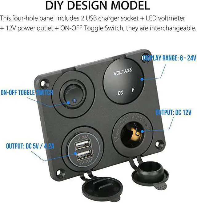 Alt view image 3 of 7 - 4 in 1 Charger Socket Panel 12V 42A Dual USB Charger Socket Power Outlet LED Voltmeter Cigarette Lighter Socket LED Lighted ON Off Rocker Toggle Switch for Car Marine Boat RV Truck