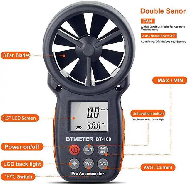 Alt view image 3 of 7 - BT100 Handheld Anemometer Digital Wind Speed Meter Gauge for HVAC CFM Tester Air Flow Velocity Wind Chill 14℉113℉ Wind Temperature