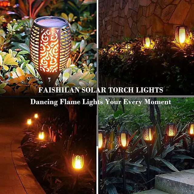 Alt view image 6 of 7 - Solar Flame Flickering Torch Waterproof Dancing Flame Solar Lights Outdoor 96 LEDs Solar Tiki Torches Dusk to Dawn Solar Torch Light 4 Pack