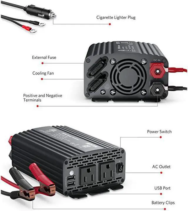 Alt view image 5 of 7 - 500W Power Inverter DC 12V to 110V AC Converter with 48A Dual USB Car Charger ETL Listed Grey