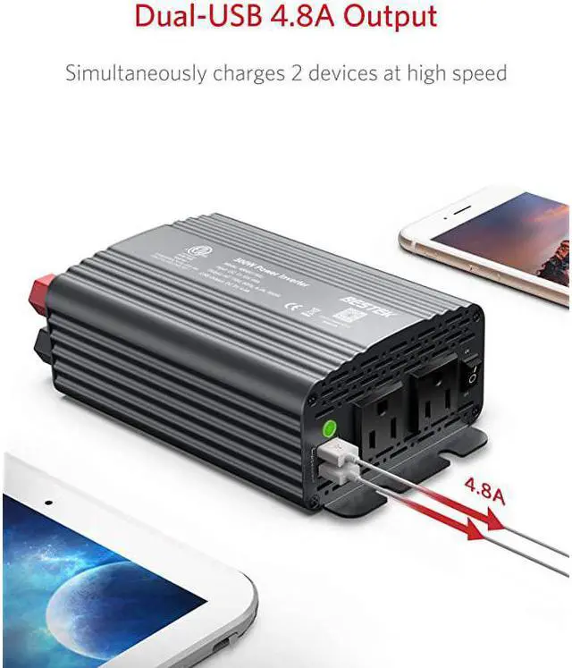 Alt view image 2 of 7 - 500W Power Inverter DC 12V to 110V AC Converter with 48A Dual USB Car Charger ETL Listed Grey