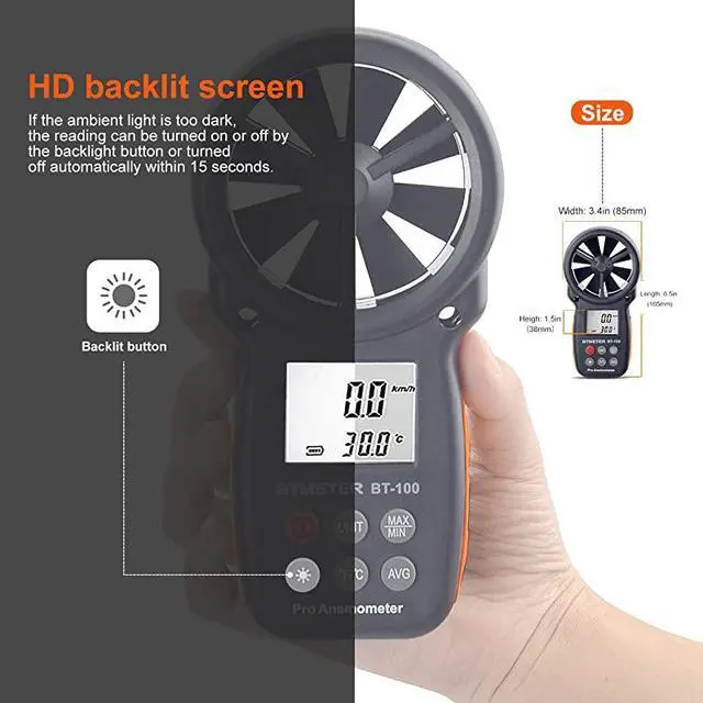 Alt view image 5 of 7 - BT100 Handheld Anemometer Digital Wind Speed Meter Gauge for HVAC CFM Tester Air Flow Velocity Wind Chill 14℉113℉ Wind Temperature