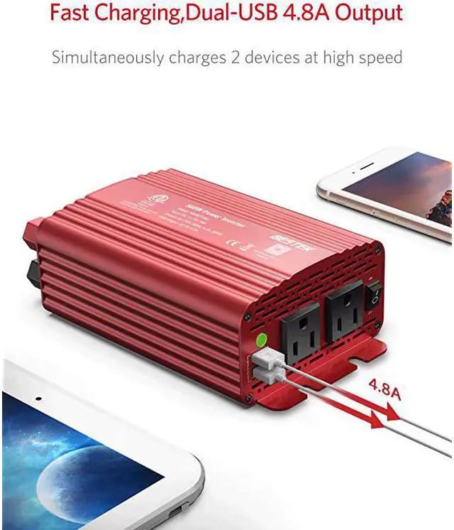 Alt view image 2 of 7 - 500W Power Inverter DC 12V to 110V AC Converter with Alligator Battery Clamp 48A Dual USB Car Charger ETL Listed