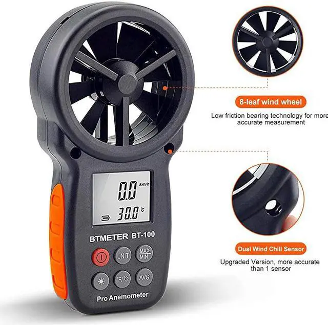Alt view image 4 of 7 - BT100 Handheld Anemometer Digital Wind Speed Meter Gauge for HVAC CFM Tester Air Flow Velocity Wind Chill 14℉113℉ Wind Temperature