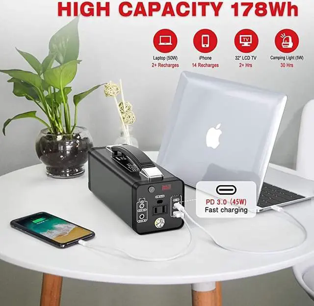 Alt view image 2 of 7 - Portable Power Station 48000mAh Solar Generator Lithium Polymer Battery Emergency Backup Portable Power Source with 110V120WPeak 150W AC Inverter Outlet USBC PD 30 for Outdoors Camping