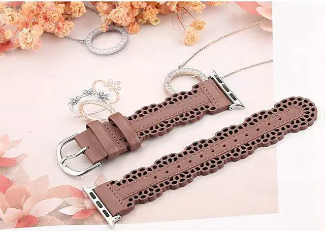 Alt view image 6 of 6 - Leather Bands Compatible with Apple Watch Band 42mm 44mm iWatch Series 5 4 3 2 1 Chic Lace Leather Strap for Women Brown 42mm44mm