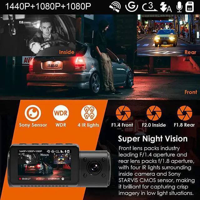 Alt view image 3 of 7 - N4 3 Channel Dash Cam 4K+1080P Dual Channel 1440P+1080P+1080P Front Inside Rear Three Way Triple Car Dash Camera IR Night Vision Capacitor 24 Hours Parking Mode Support 256GB Max