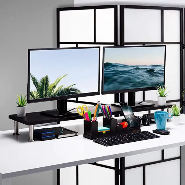 Alt view image 3 of 6 - Dual Monitor Stand for Computer Screens Solid Bamboo Riser Support The Heaviest Monitors Printers Laptops or TVs Perfect Shelf Organizer for Office Desk Accessories amp TV Stands Black