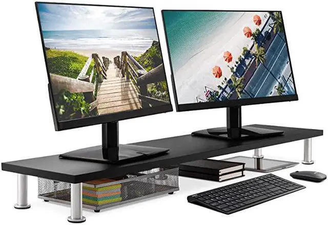 Main image of Dual Monitor Stand for Computer Screens Solid Bamboo Riser Support The Heaviest Monitors Printers Laptops or TVs Perfect Shelf Organizer for Office Desk Accessories amp TV Stands Black