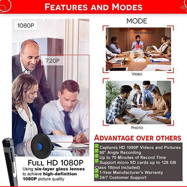 Alt view image 4 of 6 - Spy Camera Pen 1080p | Nanny Camera Spy Pen Full HD Loop Recording or Picture Taking | Wireless Security Cam with Wide Angle Lens Discrete Rechargeable