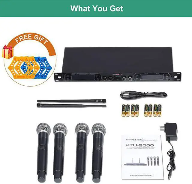 Alt view image 6 of 6 - Wireless Microphone System  4Channel UHF Cordless Mic Set With Four Handheld Mics All Metal Build Fixed Frequency Long Range 260ft Ideal for ChurchKaraokeWeddings Events PTU5000A