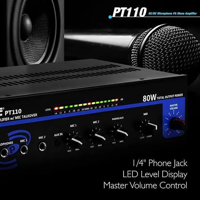 Alt view image 4 of 5 - Compact Public Address Mono Amplifier Professional 50W Mini Home Power Audio Sound PA Speaker Receiver System w RCA Headphone 2 Microphone Inputs Independent Volume Control  PT110