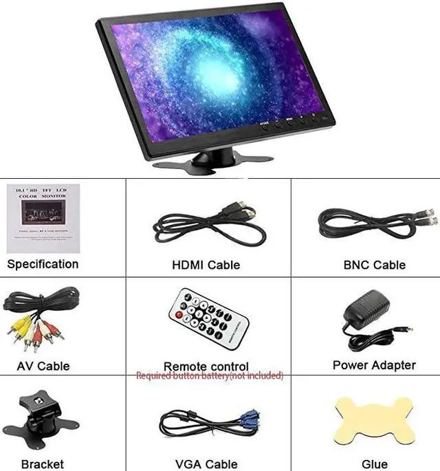 Alt view image 7 of 7 - 10 Inch Small HDMI Monitor Portable CCTV Monitors 1280x600 with BNC, AVI, VGA, HDMI Input Cable, Remote Control, Built-in Speakers, for PC, CCTV, Security Camera, Raspberry Pi, X-Box