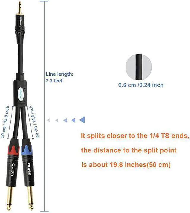 Alt view image 6 of 7 - 1/8" TRS Stereo to Dual 1/4" TS Mono Y-Splitter Cable, 3.5mm Mini Jack Aux to Quarter inch 6.35mm Jack Stereo Breakout Cord - 3.3 feet