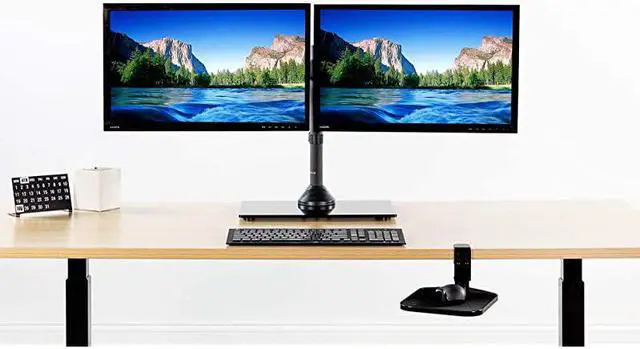 Alt view image 3 of 7 - Freestanding Black Dual Monitor Stand with Sleek Glass Base and Adjustable Arms Mounts 2 Screens up to 27 inch and 22 lbs Each STANDV002FG