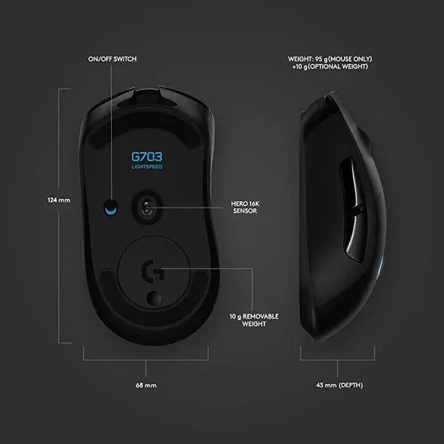 Alt view image 3 of 7 - 703 Lightspeed Wireless Gaming Mouse WHero 16K Sensor PowerPlay Compatible Lightsync RGB Lightweight 95G+10G Optional 10016 000 DPI Rubber Side Grips Black