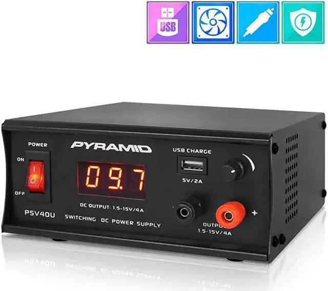Main image of Universal Compact Bench Power Supply 4 Amp Regulated Benchtop ACDC Converter Power Supply for CB Radio HAM w 120240V AC Switchable to 15V15 Volt DC USB Digital LCD Display  PSV40U
