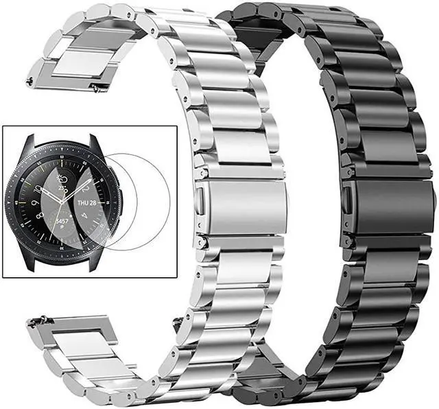 Main image of Stainless Steel Bands Compatible with Samsung Galaxy Watch 46mm Gear S3 ClassicFrontier Men XL LargeHeavy Duty Solid Metal Watch Band with Screen Protector Pack 2Silver+Black