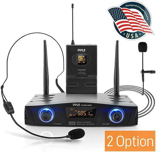 Main image of Compact UHF Wireless Microphone System Pro Portable 1 Channel Desktop Digital Mic Receiver Set w BeltPack Transmitter Receiver Headset and Lavalier Mics XLR For Home PA  PDWM1988BBlack