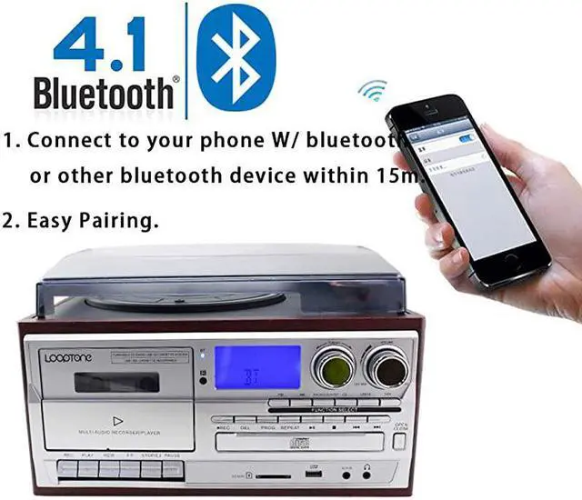 Alt view image 3 of 7 - Vinyl Record Player 9 in 1 3 Speed Bluetooth Vintage Turntable CD Cassette Player AMFM Radio USB Recorder Auxin RCA LineOut