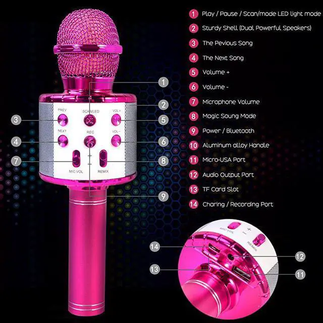 Alt view image 4 of 7 - Bluetooth 4 in 1 Karaoke Wireless Microphone with LED Lights Portable Microphone for Kids Best Gifts Toys for Kids Girls Boys and Adults Purple