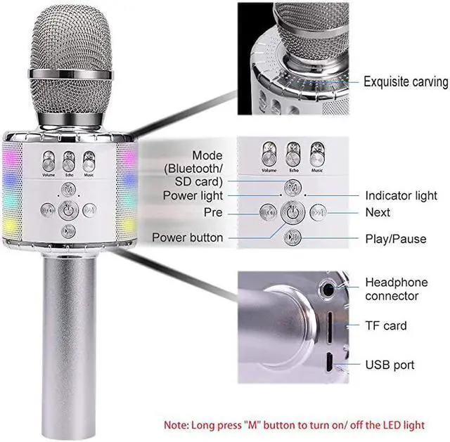 Alt view image 4 of 7 - Wireless Bluetooth Karaoke Microphone with Multicolor LED Lights 4 in 1 Portable Handheld Karaoke Speaker Machine Thanksgiving Day for AndroidiPhoneiPadSonyPC or All Smartphone Silver