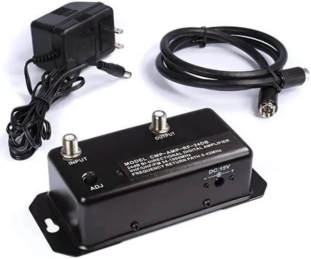 Main image of 24db Distribution Amplifier | Digital TV Antenna Booster Signal Amplifier Adjustable BoostGain NTSC ATSC FM UHF VHF 1000 MHz Includes RG6 Coaxial Cable