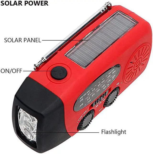Alt view image 6 of 7 - Weather Radio Hand Crank Self Powered Solar Emergency Radios with 3 LED Flashlight 1000mAh Power Bank Smart Phone Charger Red