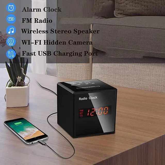 Alt view image 5 of 7 - Cam Spy Camera Alarm Clock FM Radio 1080P Nanny Cams Wireless with Phone App Bluetooth Speaker amp USB Charging Ports Night Vision amp Motion Detection Storage 128GB
