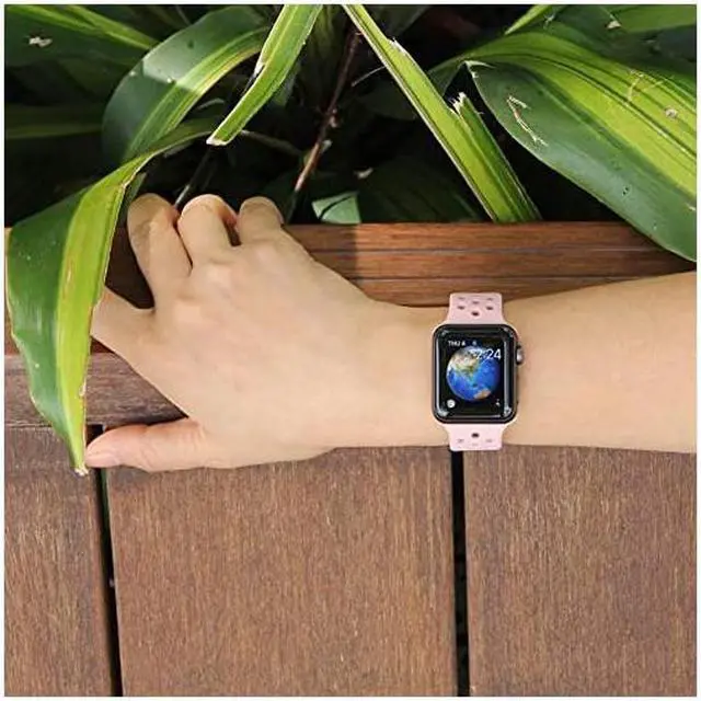 Alt view image 4 of 5 - Compatible with Apple Watch Band 44mm 40mm 42mm 38mm Sport Breathable ExtraSoft Silicone Wristband Men Women Replacement Bands for iWatch Band Series 5 4 3 2 1 Pink 42mm44mm