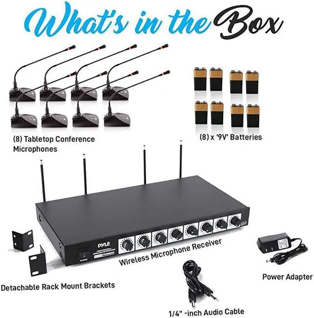 Alt view image 7 of 7 - 8 Channel Wireless Microphone System - Portable VHF Cordless Audio Mic Set with 1/4" and XLR Output, Dual Antenna, - Includes 8 Table Top Mics, Rack Mountable Receiver Base -  PDWM8300,Black