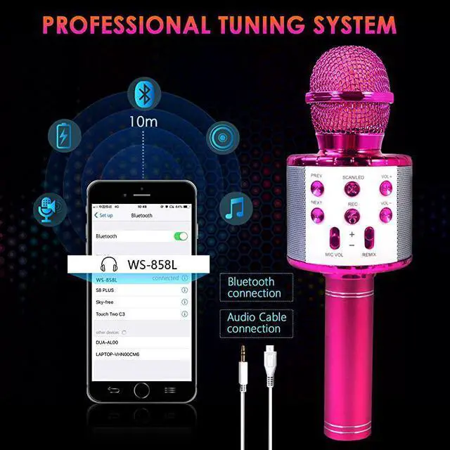 Alt view image 5 of 7 - Bluetooth 4 in 1 Karaoke Wireless Microphone with LED Lights Portable Microphone for Kids Best Gifts Toys for Kids Girls Boys and Adults Purple