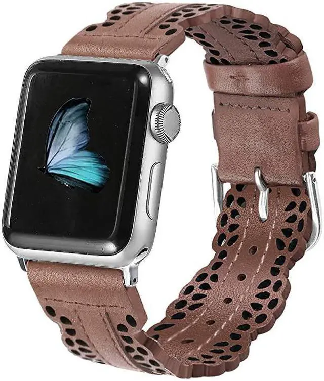 Alt view image 2 of 6 - Leather Bands Compatible with Apple Watch Band 42mm 44mm iWatch Series 5 4 3 2 1 Chic Lace Leather Strap for Women Brown 42mm44mm