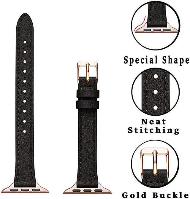 Alt view image 2 of 7 - Slim Leather Bands Compatible with Apple Watch Band 38mm 40mm 42mm 44mm, Top Grain Leather Watch Thin Wristband for iWatch SE Series 6/5/4/3/2/1 (Black with Rose Gold, 38mm/40mm)