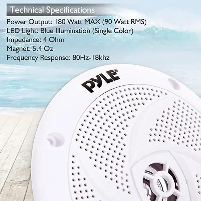 Alt view image 5 of 7 - Marine Speakers 525 Inch 2 Way Waterproof and Weather Resistant Outdoor Audio Stereo Sound System with LED Lights 180 Watt Power and Low Profile Slim Style 1 Pair PLMRS53WL