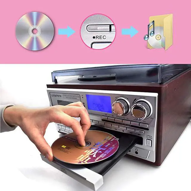 Alt view image 4 of 7 - Vinyl Record Player 9 in 1 3 Speed Bluetooth Vintage Turntable CD Cassette Player AMFM Radio USB Recorder Auxin RCA LineOut