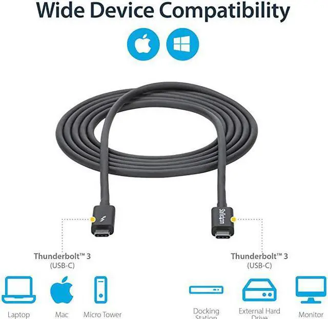 Alt view image 5 of 7 - com 20Gbps Thunderbolt 3 Cable - 6.6ft/2m - Black - 4K 60Hz - Certified TB3 USB-C to USB-C Charger Cord w/ 100W Power Delivery (TBLT3MM2M)