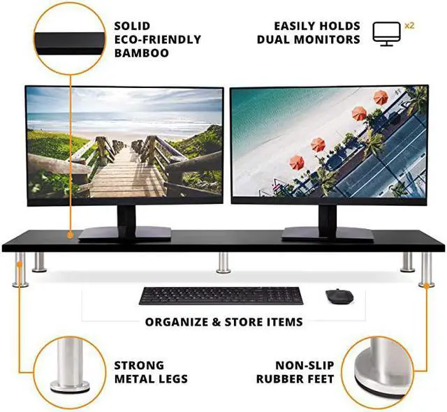 Alt view image 2 of 6 - Dual Monitor Stand for Computer Screens Solid Bamboo Riser Support The Heaviest Monitors Printers Laptops or TVs Perfect Shelf Organizer for Office Desk Accessories amp TV Stands Black