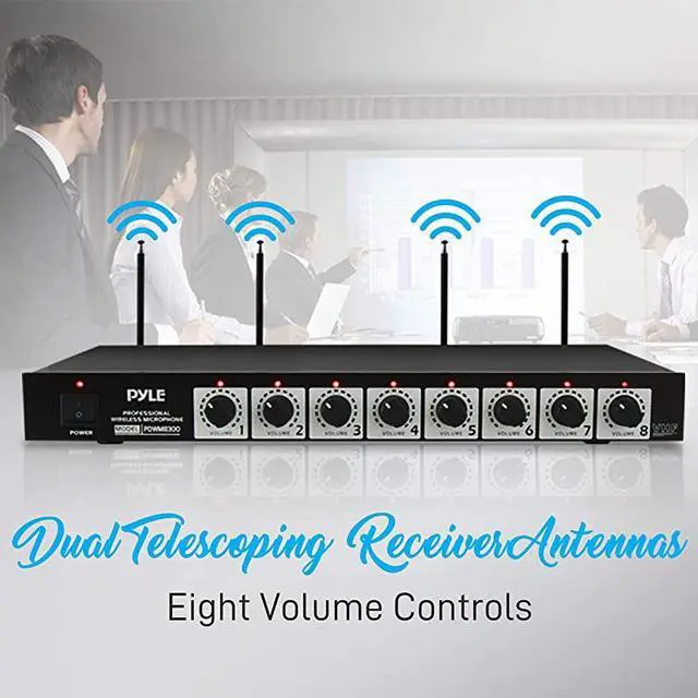 Alt view image 5 of 7 - 8 Channel Wireless Microphone System - Portable VHF Cordless Audio Mic Set with 1/4" and XLR Output, Dual Antenna, - Includes 8 Table Top Mics, Rack Mountable Receiver Base -  PDWM8300,Black