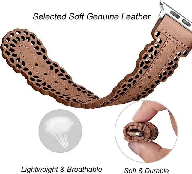 Alt view image 4 of 6 - Leather Bands Compatible with Apple Watch Band 42mm 44mm iWatch Series 5 4 3 2 1 Chic Lace Leather Strap for Women Brown 42mm44mm