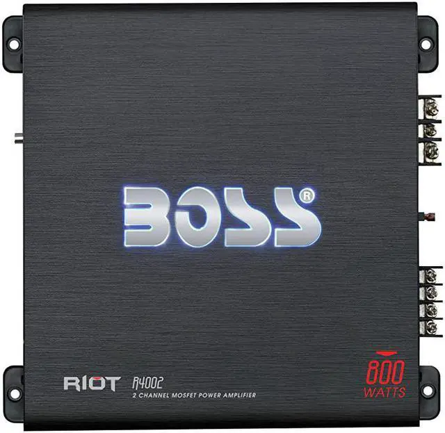 Main image of R4002 Riot 800 Watt 2 Channel 2 4 Ohm Stable Class AB Full Range Bridgeable Mosfet Car Amplifier with Remote Subwoofer Control