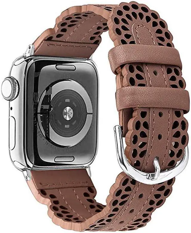 Main image of Leather Bands Compatible with Apple Watch Band 42mm 44mm iWatch Series 5 4 3 2 1 Chic Lace Leather Strap for Women Brown 42mm44mm