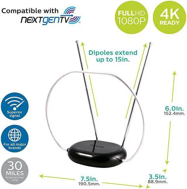 Alt view image 2 of 7 - Rabbit Ears Indoor TV Antenna Dipoles and Circular Loop Tabletop Antenna Digital Smart TV Compatible HDTV Antenna 4K 1080P VHF UHF 5Ft Coaxial Cable Black SDV8201B27