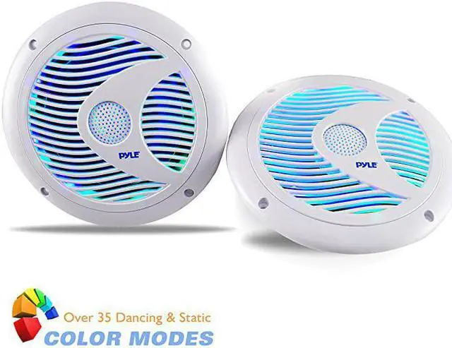 Alt view image 2 of 6 - 65 Inch Dual Marine Speakers IP44 Waterproof and Weather Resistant Outdoor Audio Stereo Sound System with Builtin Led Lights 150 Watt Power and Polyprone Cone 1 Pair PLMR6LEW White